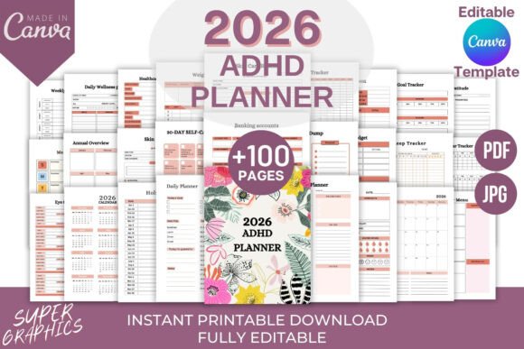 Download Editable 2026 ADHD Planner for Canva - Adhd planner Collection